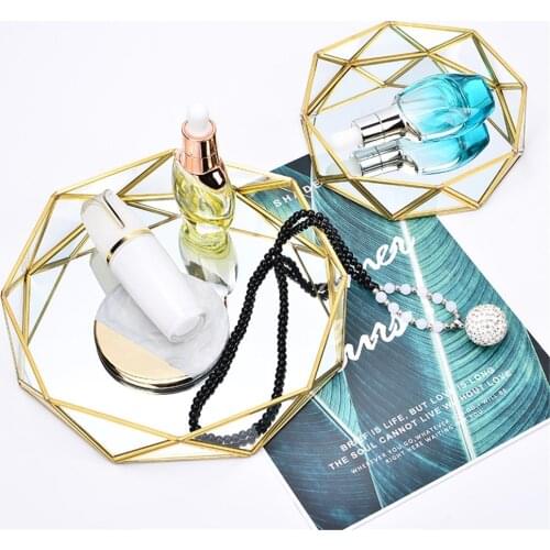 Luxury Mirror Storage Tray Desktop Cosmetic Jewelry Tray Geometric Round Finishing Plate Nordic Fruit Cake Dessert Dish