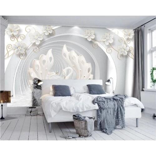 Custom Size Self Adhesive Wallpapers Home Decorative Background 3D White Jewelery Flower Swan Stereo TV Wall murals Waterproof