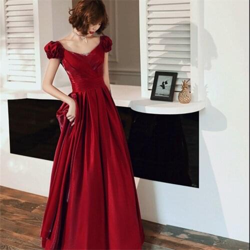 Bride Burgundy Square Neck Evening Party Gowns Formal Satin Floor-Length A-line Prom Dress Toast Clothing Vestidos de festa