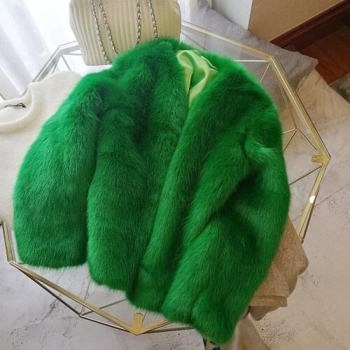 High quality Women 2020 Winter Top Fashion green FAUX Fur Coat Elegant Thick Warm Outerwear Fake fox Fur Jacket green A185