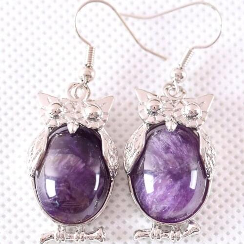 Jewelry Gift for Women Dangle Earrings Natural Gem Purple Crystal Oval CAB Cabochon 16x28MM Animal Owl Earring 1Pair U089