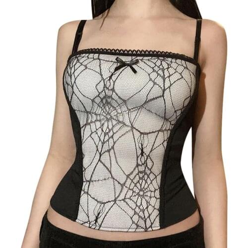 Ladies Summer Sexy Backless Camisole Girls Creative Spider Web Lace Edge Back Zipper Sleeveless Tops Slim Base Shirt