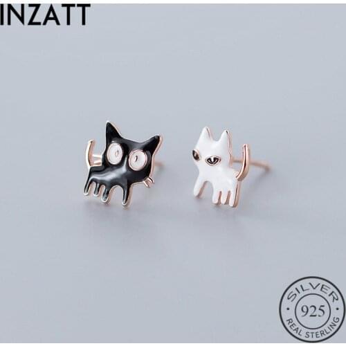 INZATT Real 925 Sterling Silver Enamel Asymmetry Cat Stud Earrings For Fashion Women Fine Jewelry Minimalist Accessories ins Hot