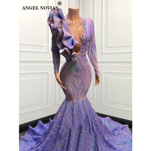 ANGEL NOVIAS Long Sleeves Mermaid Lace Prom Dresses 2021 Lavender African Black Girl Evening Party Birthday Graduation Dress