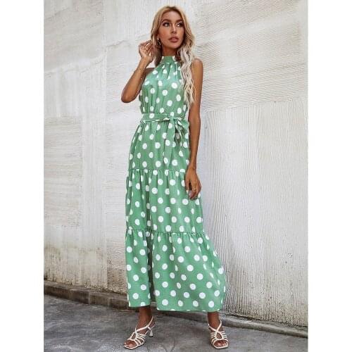 Summer Sexy Off Shoulder Sleeveless Dress With Belt Slim Polka Dot Print Dresses For Women 2021 Lady Boho Ruffle Stitching Dress