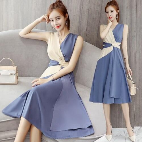 Summer new Korean matching slim sleeveless dress fashion patchwork vestidos de festa elegant ol Dresses for Women