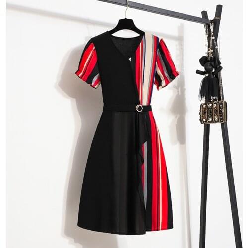 Plus size Summer Patchwork Midi Dresses Women Short Sleeve High Waist A-line Elegant Vestidos Female V neck Elegant Women dress