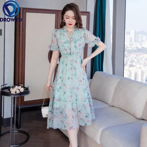 2021 High Street Women Summer Green Dress Fashion Floral Chiffon Short Sleeve Chiffon Sexy Dress Casual Slim Elegant Beach Dress