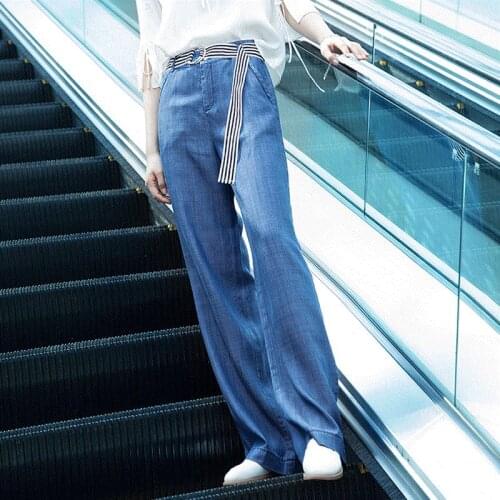 2018 light blue vertical wide leg pants woman Tencel jeans female summer loose thin section straight high waist wide leg jeans