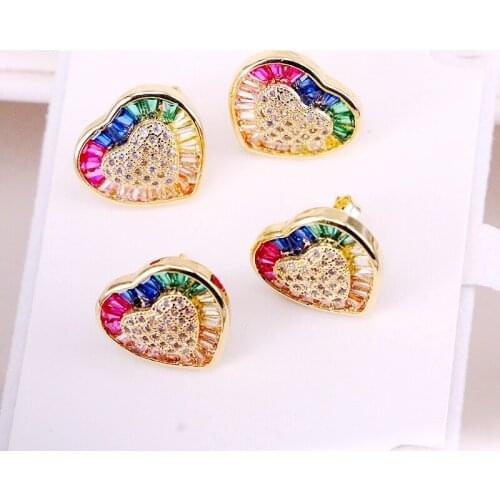 3Pairs, Rainbow Crystal Zirconia Heart Gold Filled Colorful Jewelry Stud Earring