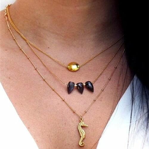 3 Pcs/Set Vintage Gold Hippocampus Crystal Water Drop Round Pendant Necklace Fashion Necklace for Women Jewelry Accessories