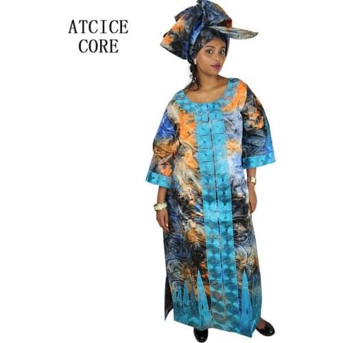 African dresses for women fashion design new african bazin embroidery design dress long dress with scarf two pcs one set A077
