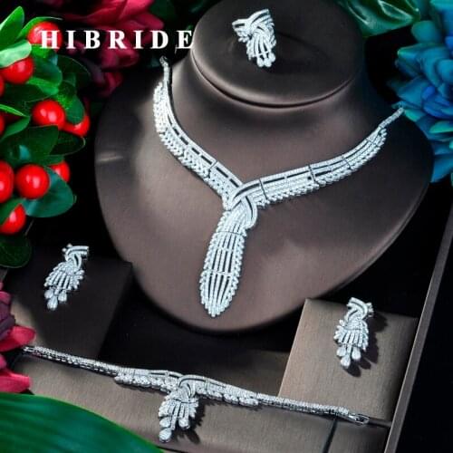 HIBRIDE New Luxury Design CZ Dubai Wedding Bridal Jewelry Sets For Wedding Accessories Jewelry Necklace Bangle Sets N-798
