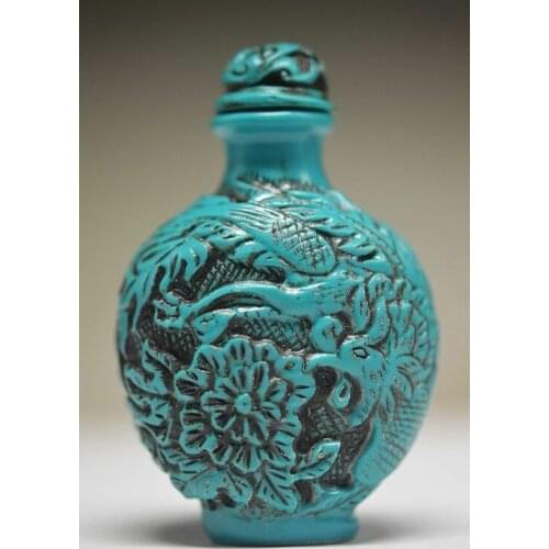 Exquisite Chinese Resin Hand-carved Dragon Phoenix Fish Flower Blue Snuff Bottle
