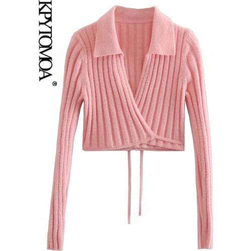 KPYTOMOA Women 2021 Fashion With Tied Wrap Cropped Knitted Cardigan Sweater Vintage Long Sleeve Female Outerwear Chic Tops