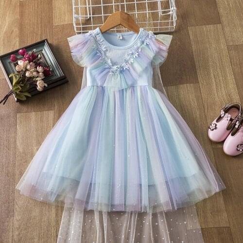 Summer Girls Dress vestidos Princess Dress Dresses Baby Rainbow Gauze Party Children Clothing Short Sleeve