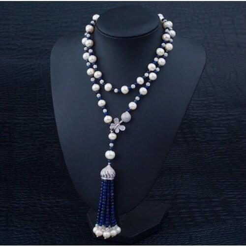 Micro Zircon Butterfly Long Necklacer Natural Pearl Necklace Lapis Tassel Sweater Chain Elegant Women Party Accessory