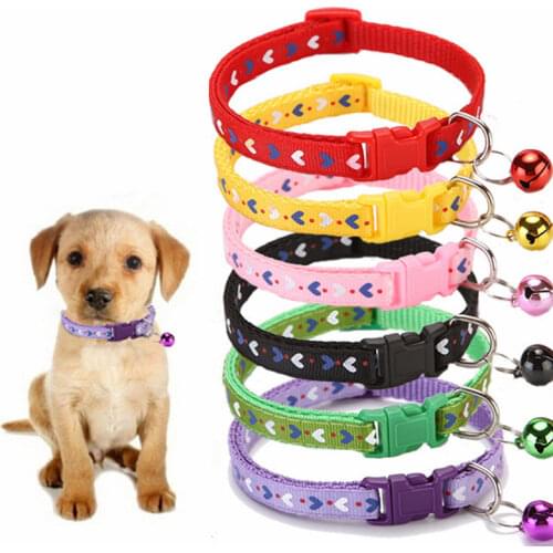 New Cute Pet Collars Heart Print Puppy Adjustable Polyester Necklace Lovely With Bells Print Cat Dog Necklace Collar Supply