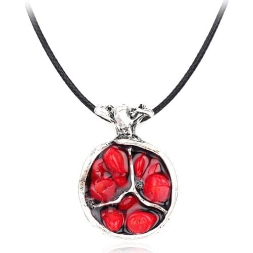 Pomegranate Necklace Ethnic Alloy Oriental Charm Stone Pendant Necklaces For Women Men Black Leather Fashion Jewelry Accessories