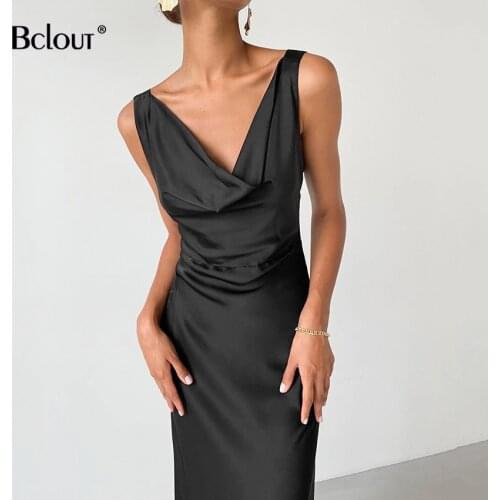 Bclout Sexy Sleeveless Party Long Dress Women Elegant Black High Waist Slim Night Dresses Autumn Asymmetrical Collar Satin Dress