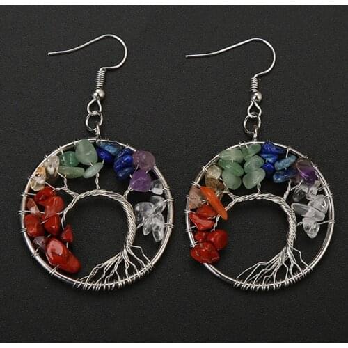 Chakra Tree of Life Women Drop Earrings Round Natural Chip Gem Stone Wisdom Tree White Crystal Dangle Hook Earring Jewelry 2019