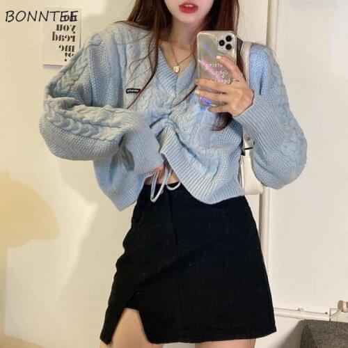 Sweaters Women Pleating Lovely Femme Simple Blue Cropped Pullovers BF Chic V-neck Design Solid Ladies Knitwear All-match Trendy