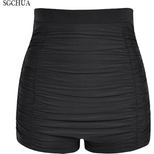 SGCHUA Big 5XL High Waist Bikini Bottom Solid Black Blue Womens Swimming Trunks Slim Pleated Briefs Beach Bather Swim Panties