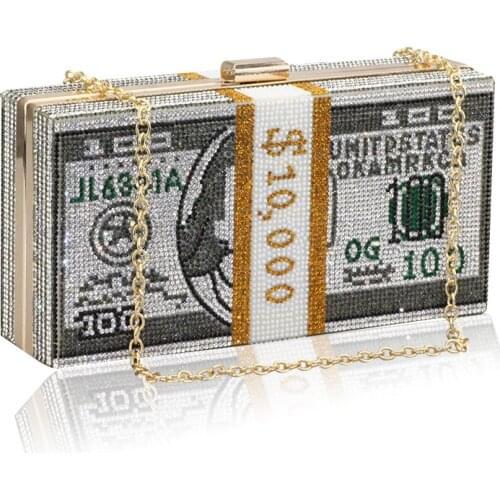 Usdollar Pattern Stack of Cash Designer Box Should Women Money Clutch Wallet Evening Bag Diamond Party Cocktail Purse Handbag