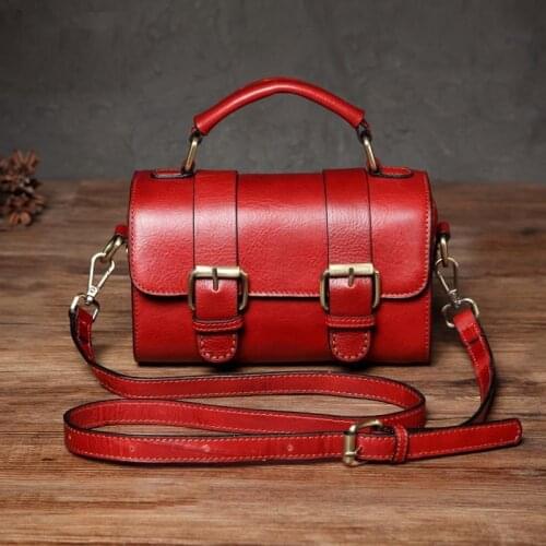 Women Genuine Handmade Vintage Leather Handbag Sling Shoulder Bags Casual Buckle Preppy Style Ladies Crossbody Messenger Bag