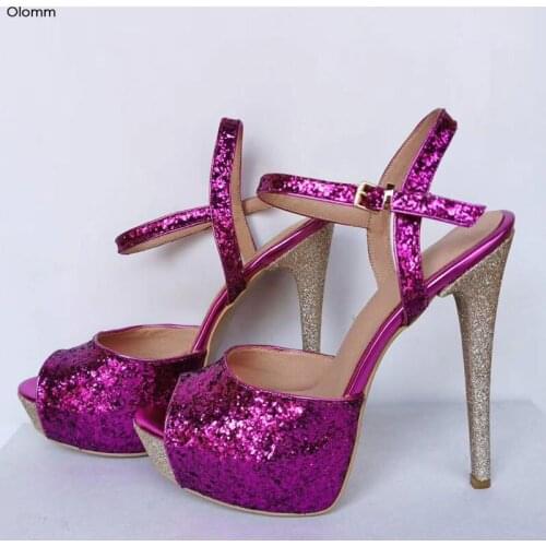 Olomm Women Glitter Platform Sandals Sexy Thin High Heels Sandals Peep Toe Gorgeous Fuchsia Party Shoes Women US Plus Size 5-15