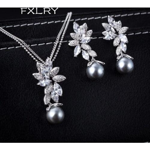 FXLRY Luxury Female Fashionable White Gold-Color Gray Synthetic Pearl Flower Pendants Necklace And Earrings Sets For Girl Gift