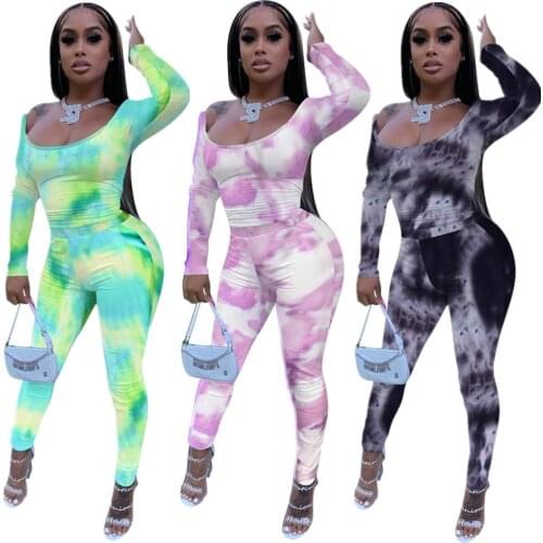 Adogirl Casual Women Tie-Dye Print Two Pieces Set Full Sleeve Shirts Pencil Pants Suits Fashion Comfortable Home Wear Tracksuits