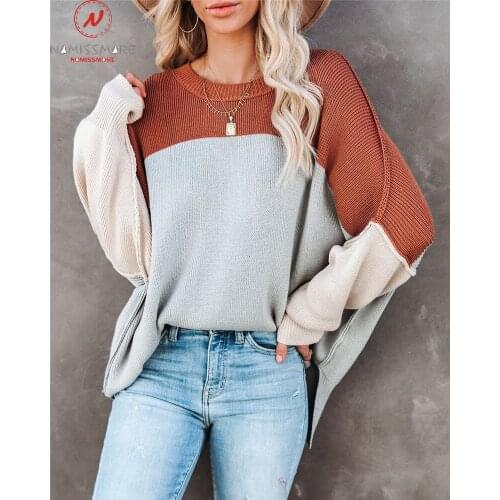 Fashion Women Spring Autumn Sweaters Patchwork Color Matching Design O-Neck Batwing Long Sleeve Casual Loose Pullovers Top