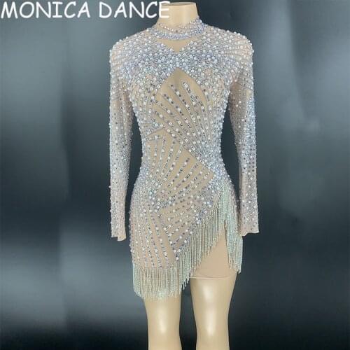 Women Sexy Stage Silver Rhinestones Fringe Pearl Transparent Dress Long Sleeves Women Dance Show Dress Bar Birthday Outfit Dress