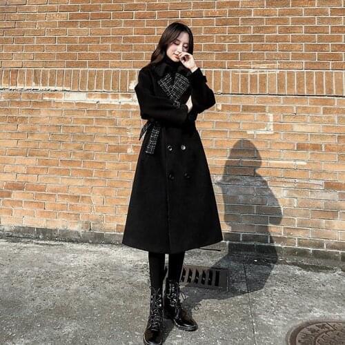 High-quality Woolen Coat Womens Mid-length Fashion New Winter Thick Korean Loose Black Plaid Single-breasted Woolen Outerwear