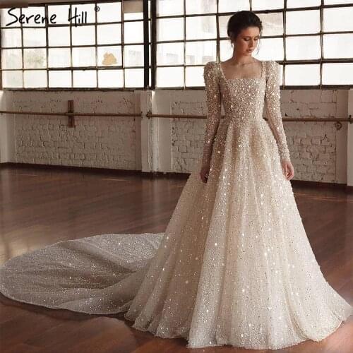 Serene Hill Muslim Ivory Luxury Beaded Wedding Dress 2021 Square Neck A-Line Long Train Bridal Gown Custom Made CLA70271