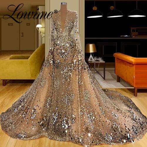 Luxury Heavy Beading Dubai Evening Dresses See Through Middle East Women Celebrity Dresses Robe De Soiree 2020 V Neck Party Gown