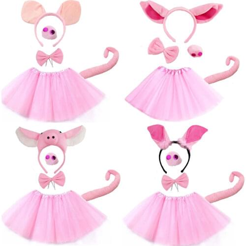10pack Pig Costume Set Animal Ears Nose Tail and Bow Tie Pink Fancy Dress Cosplay Props Accessories Halloween Party Celebration
