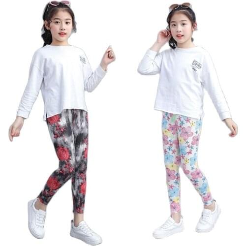 2020 New Spring Summer Girls Leggings Modal Thin Floral Printed Ankle-length Pants Candy Color Kids Fall Tight Pant baby Clothes