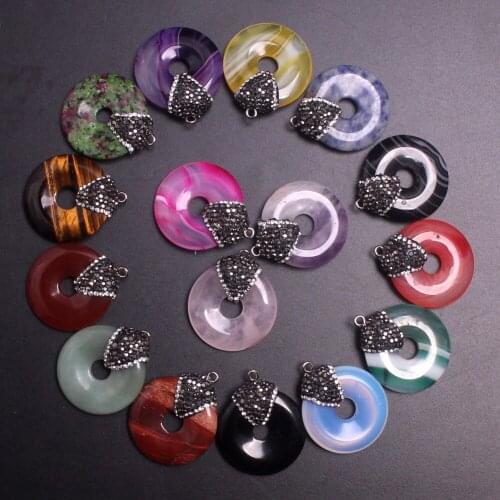 24PCS Rhinestone Natural Stone Necklace Pendants Agates Peace Donuts Pendulum Charms Healing Reiki Pendants for Jewelry Making