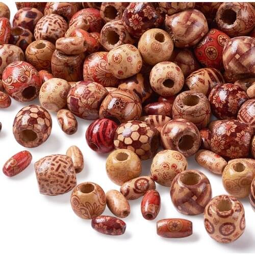 300pcs Mixed Printed Wood Beads Large Hole Bead DIY Jewelry Making Necklace Bracelet DIY Project Round & Oval Shape