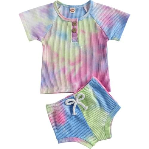 Citgeett Summer Infant Baby Boys Girls 2Pcs Tie Dye Knitted Suit Short Sleeve Button Collar T-shirt Tops Elastic Waist Shorts