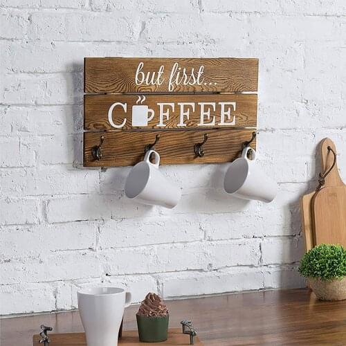 Wooden Coffee Mug Holder With 5 Hooks Wall Mounted Cup Organizer Kitchen Decoration Hanging Storage Rack