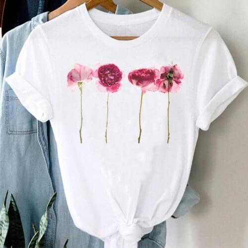 Clothes T-shirts Flower Lovely Trend Short Sleeve Print Women Cartoon Casual Fashion Graphic Regular Tshirt Top Lady Female Tee