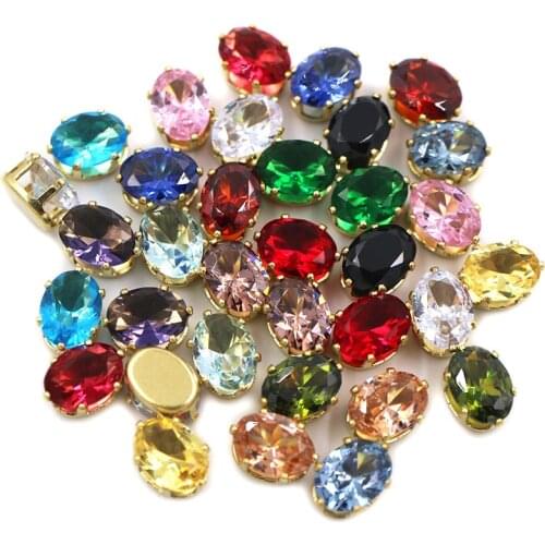 6x8mm Oval glass strass flatback gold base sew on rhinestones Zircon artificial gemstone with claw DIY jewelry Accessories