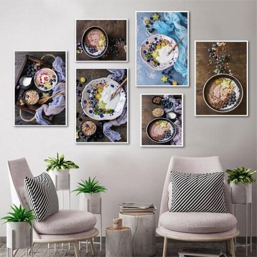 Yogurt Blueberry Oat Food Milk Canvas Painting Art Nordic Decorative Poster On The Wall For Living Room Diner Room Kitchen Decor