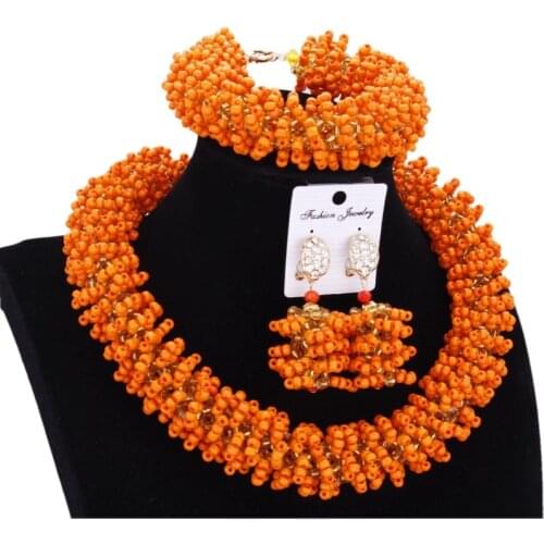 Beads Set Bold Designer Orange and Gold Bridal Jewelry Sets Bracelet Earrings And Necklace Fashion Necklace Dubai Accessories