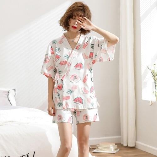 Summer Cool Watermelon Print Pajamas Cotton Home Clothes V-Neck Cardigan Nighty Casual Kimono Sleepwear Sweet girl Pijama Set