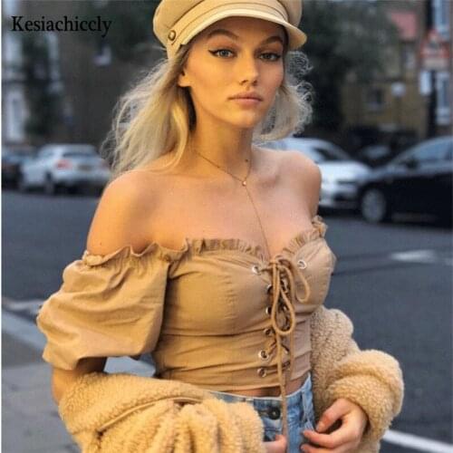 Kesiachiccly Off Shoulder Lace up Fashion Sexy Corset Crop Tops Vest Female Ruffles Backless Bustier Top Solid Tank Top