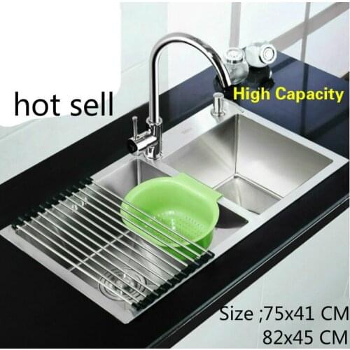 Free shipping Apartment fashion luxury kitchen manual sink double groove 304 stainless steel hot sell 750x410/820x450 mm